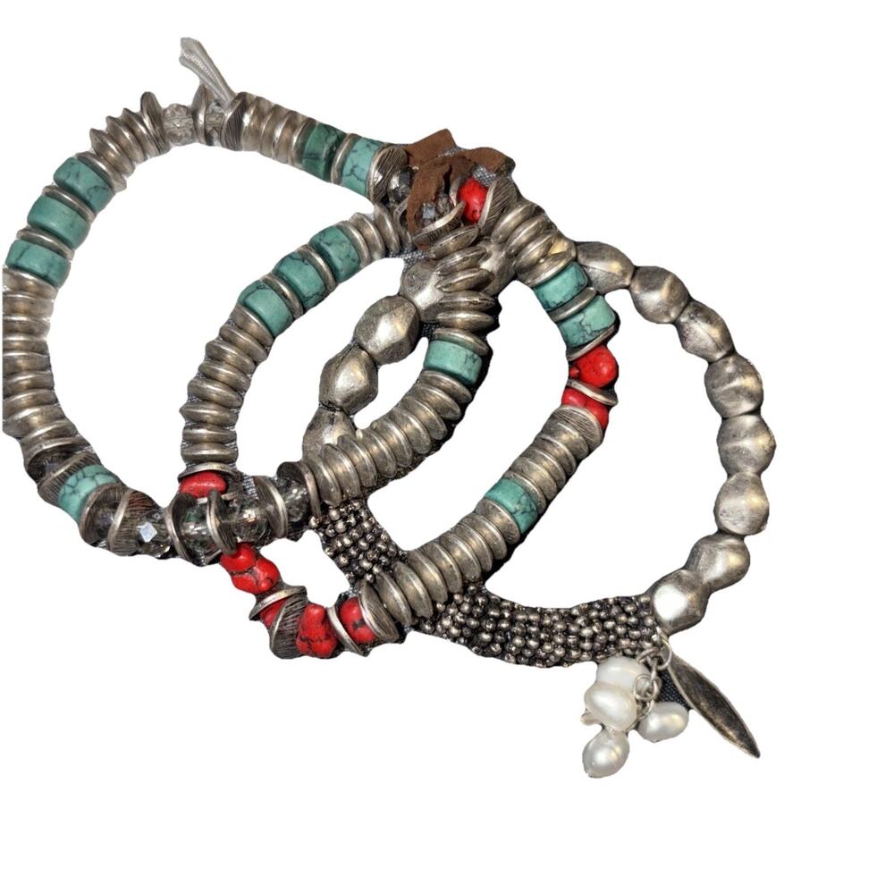 Chico’s silver metal beaded turquoise and freshwater pearl bracelets lot of 3